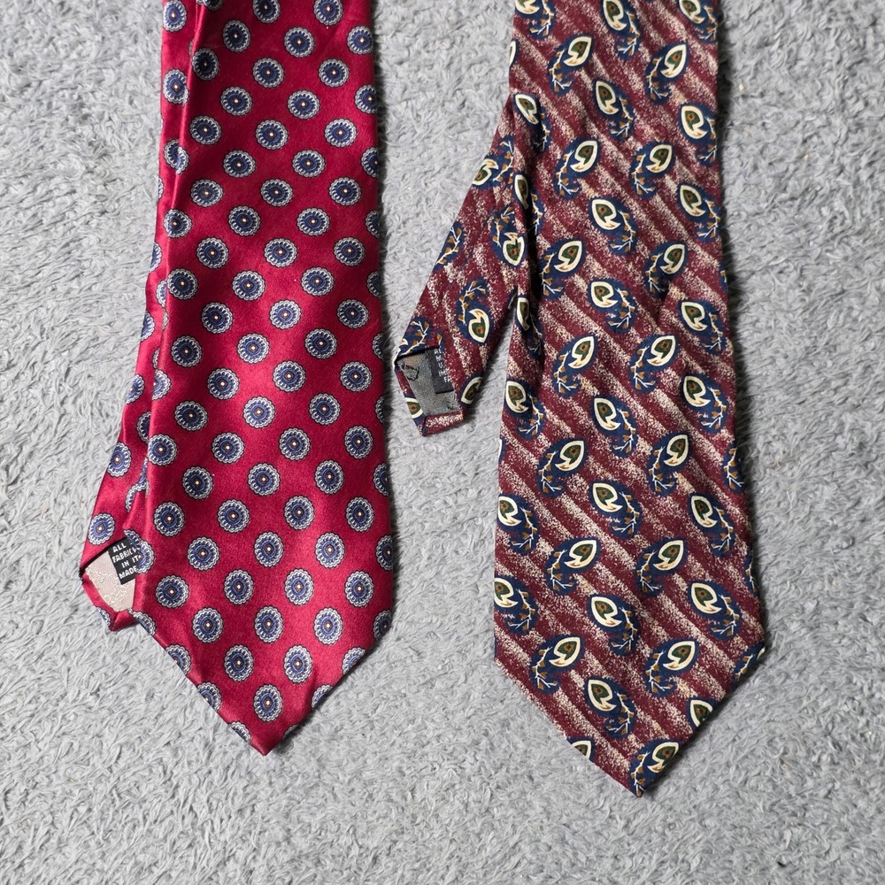 Christian Dior Mens Silk Tie Lot 2 Red Burgundy Medallion Paisley Geometric VTG